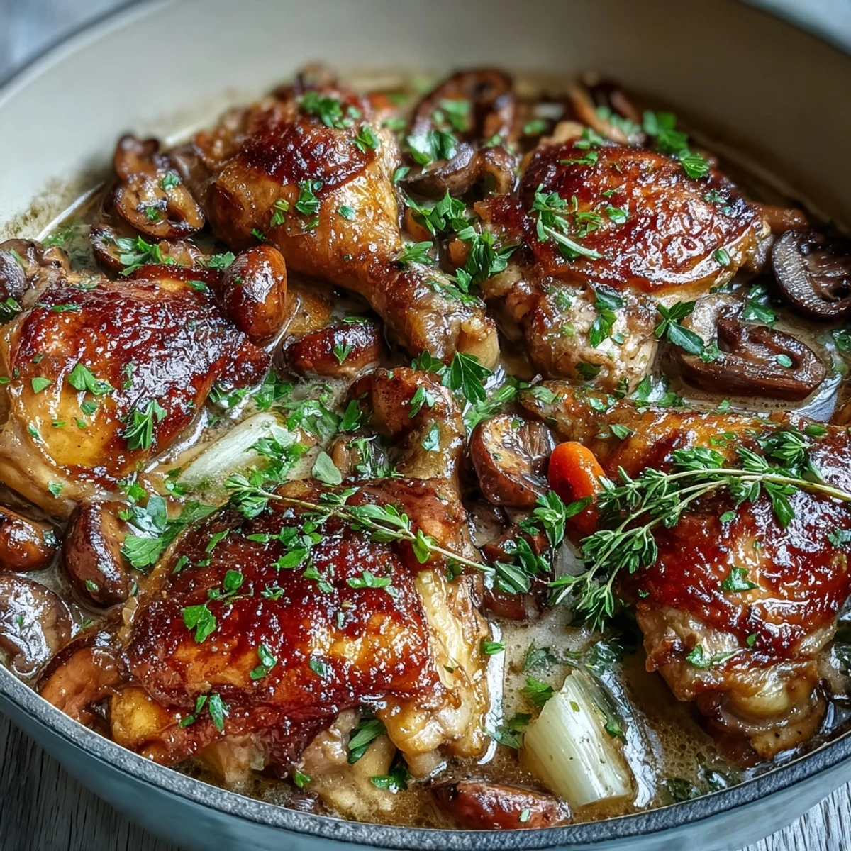 Bubbling Coq au Vin Rosé with chicken, carrots, and leeks in a Dutch oven.