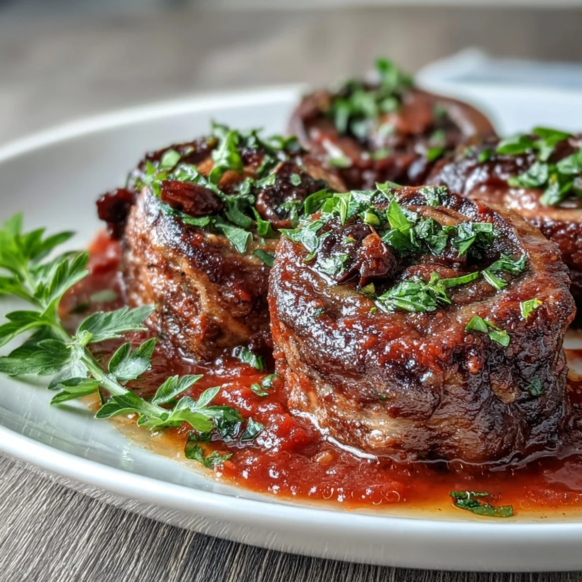 Sicilian-Style Braciole rolls are served sliced, revealing a filling of pecorino, pine nuts, and raisins, ready to be spooned over pasta with tomato sauce.