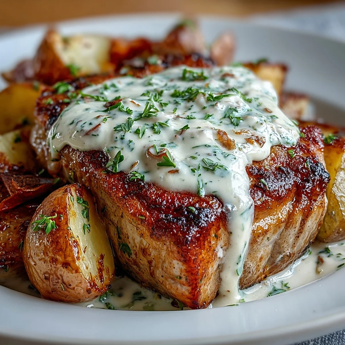 A comforting serving of Crockpot Ranch Pork Chops and vegetables, smothered in creamy ranch gravy in a rustic slow cooker.