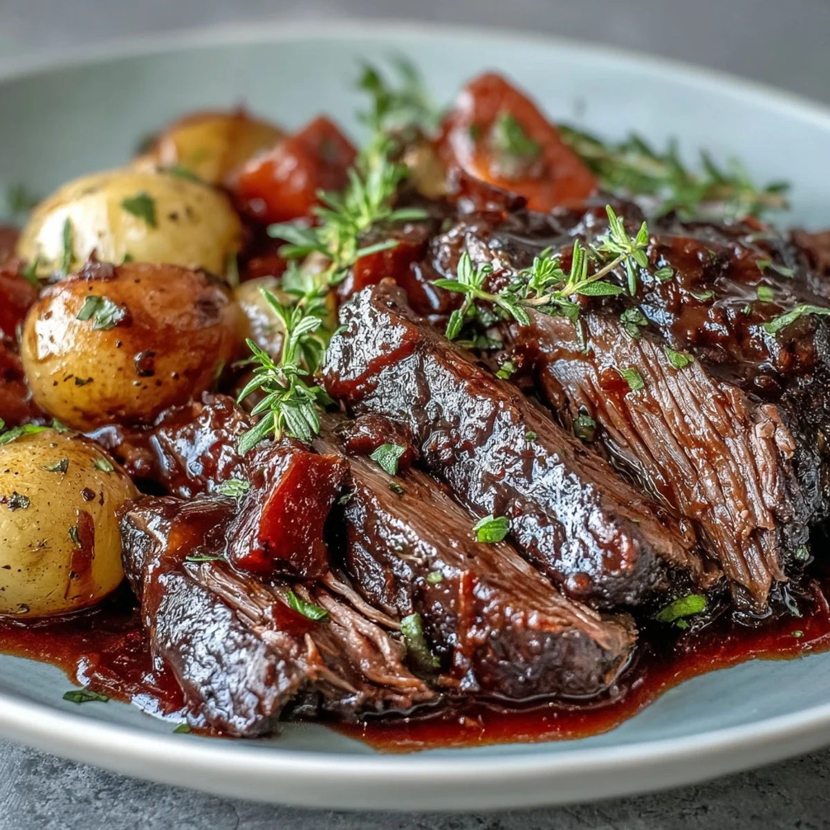 Slow-braised Beef Pot Roast served with tender carrots and potatoes in a rich, glossy gravy.