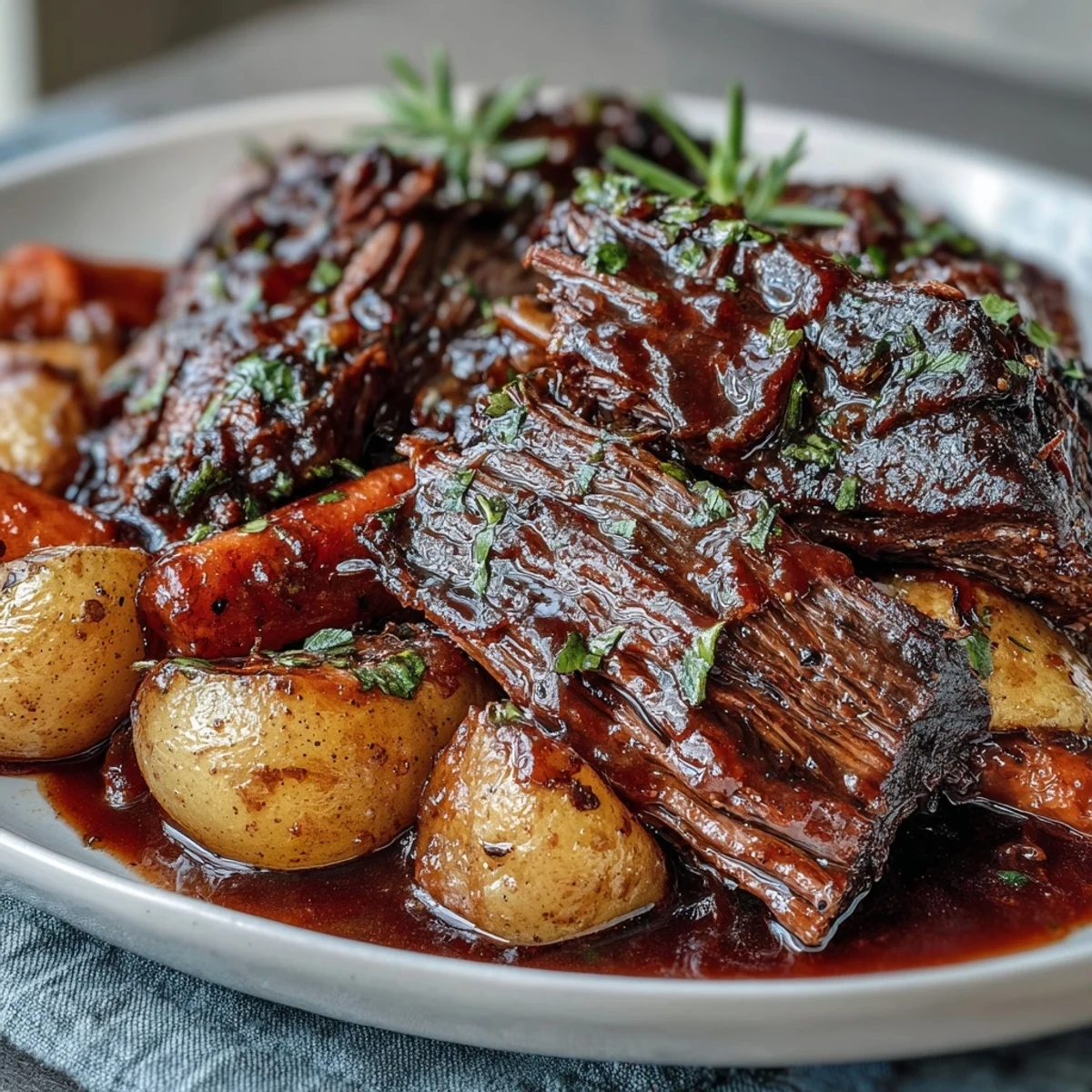 Juicy slices of Beef Pot Roast plated with herbs and buttered carrots for a comforting meal.
