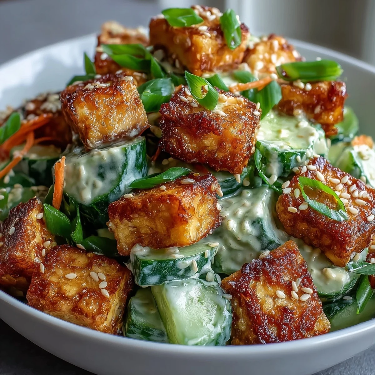 A platter of creamy Asian Cucumber Salad with Crispy Tofu, lime wedges, and chili oil.