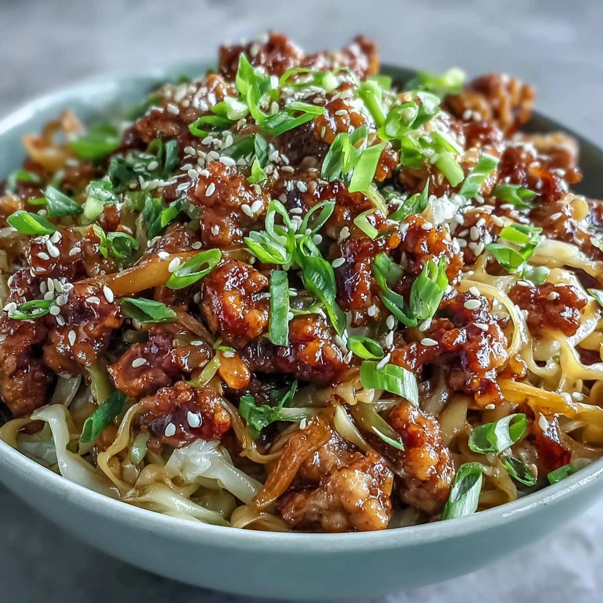 Steaming bowls of Potsticker Noodle Bowls feature tender noodles tossed with browned pork, crisp cabbage, and carrots in a savory sauce.