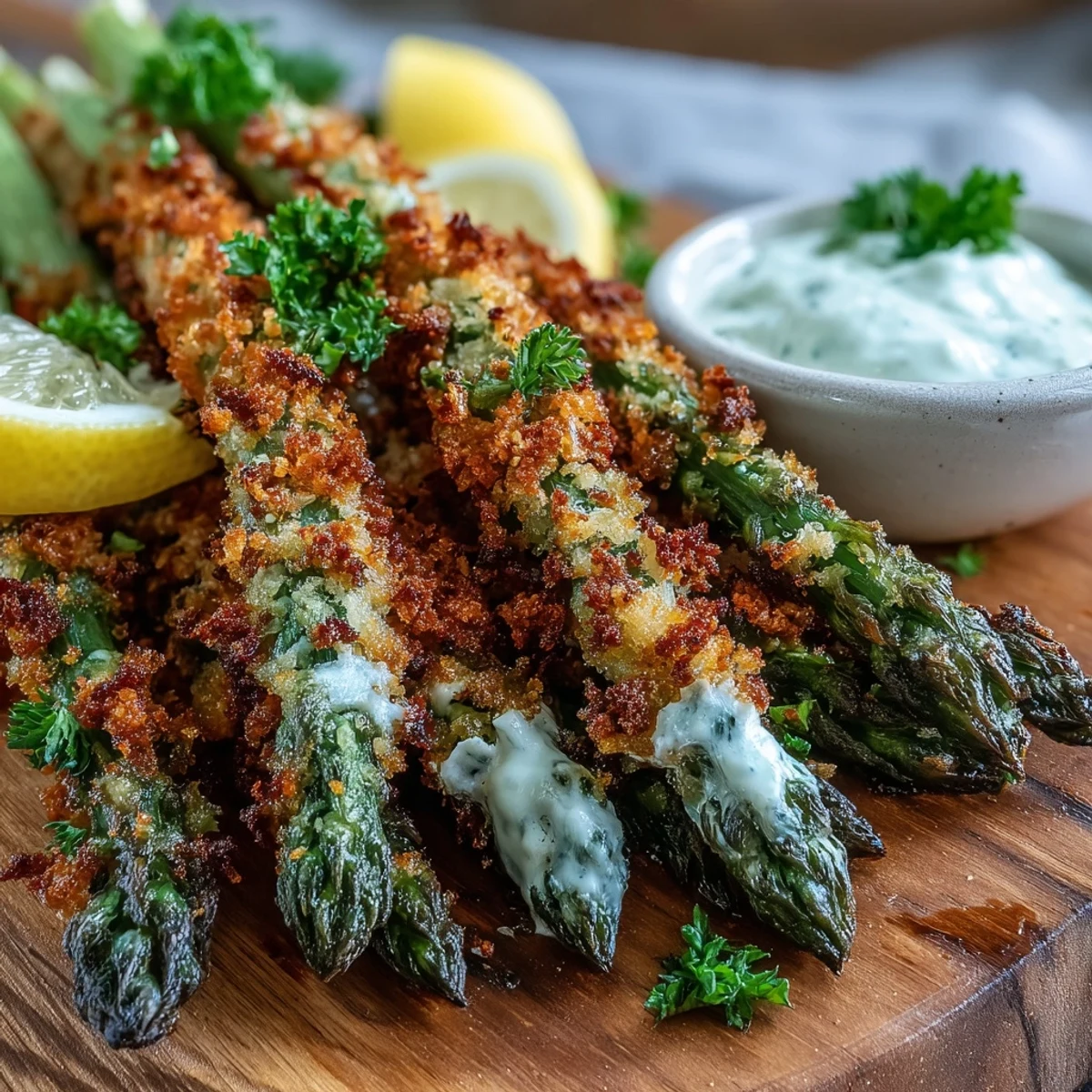 Freshly baked Crispy Asparagus Asiago Spears with golden panko and melted Asiago, served hot with lemon wedges for a bright squeeze.