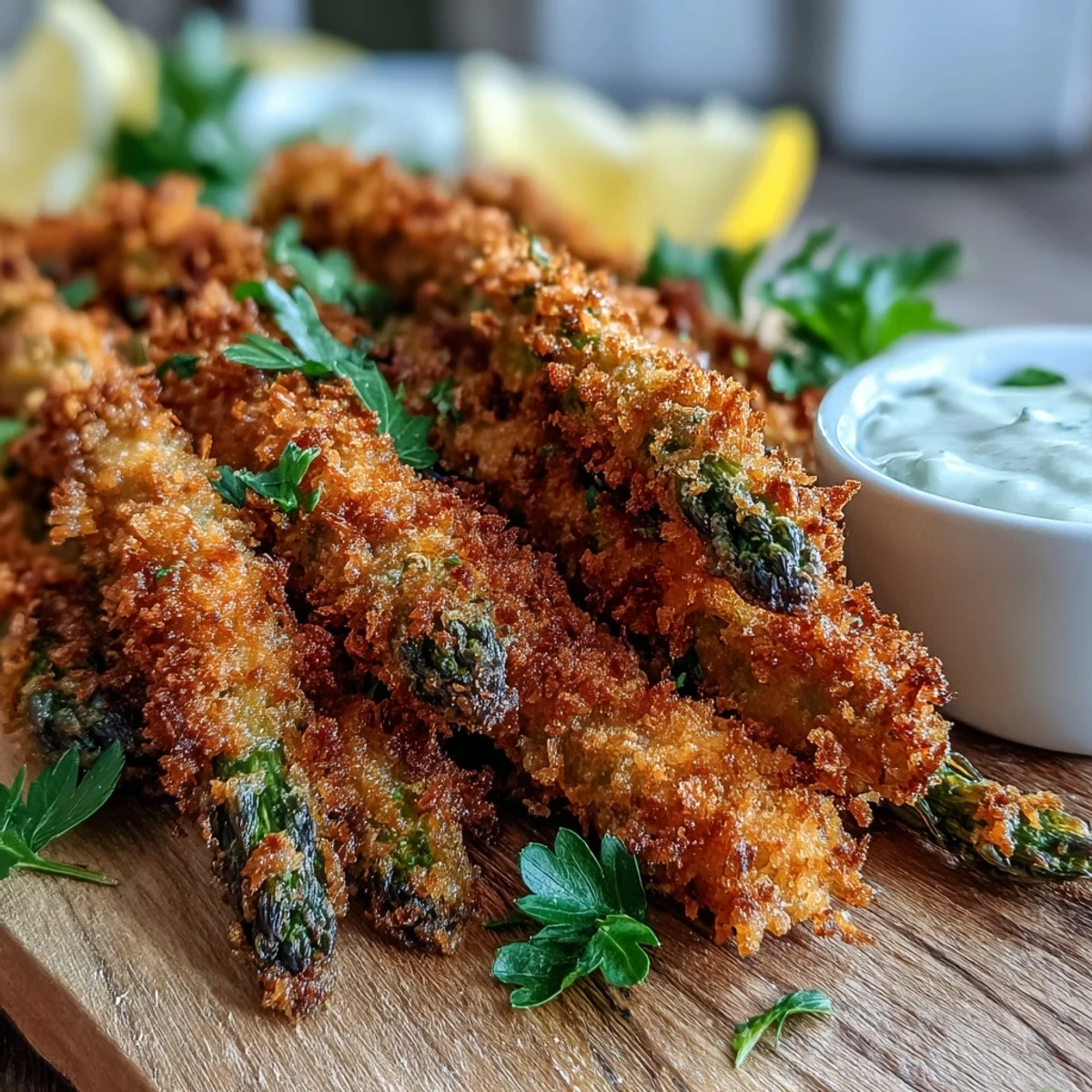 Golden-brown Crispy Asparagus Asiago Spears arranged on a baking sheet, showcasing a crunchy breaded coating and tender green asparagus tips.