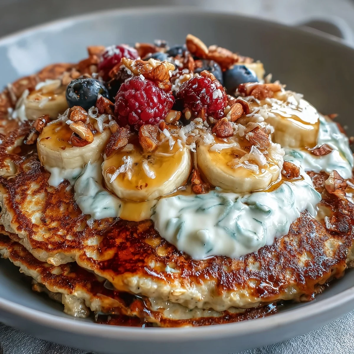 Enjoying a wholesome Protein Pancake Bowl with oats, protein powder, and a spoonful of nut butter.