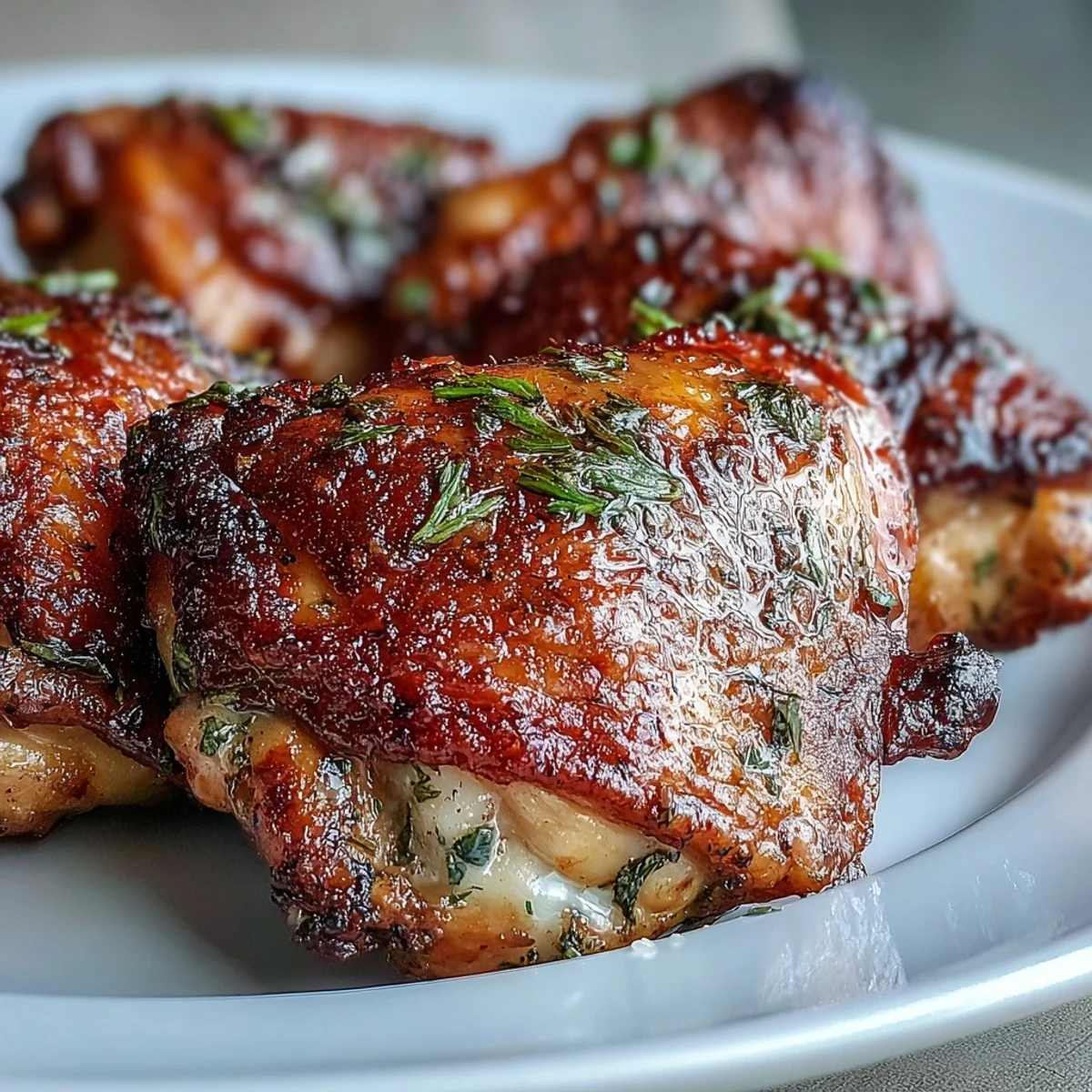 Crispy Baked Bone-In Chicken Thighs with golden crackling skin on a serving platter garnished with lemon wedges and fresh parsley.