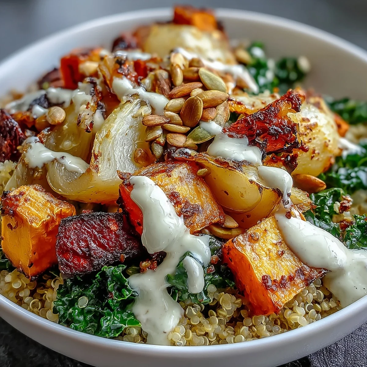 Hearty Winter Grain Bowl with golden roasted root vegetables drizzled with creamy tahini dressing
