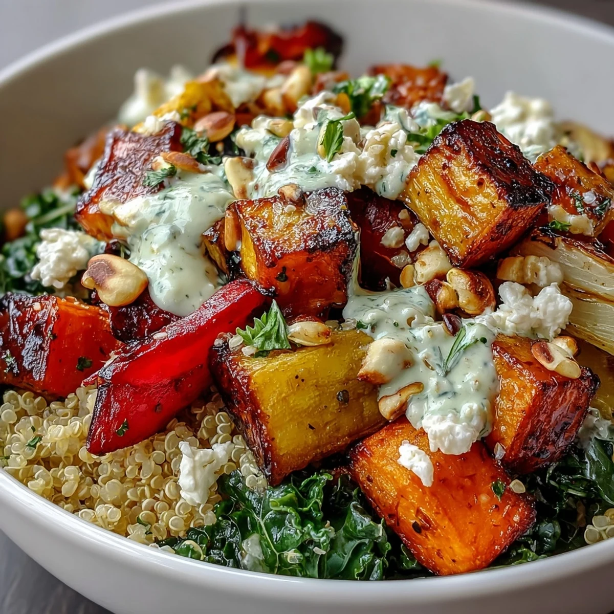 Rustic Hearty Winter Grain Bowl with wilted greens, roasted carrots, and lemon tahini drizzle