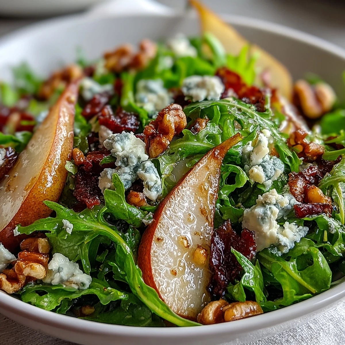 A vibrant Frisée Pear Blue Cheese Bowl with crisp prosciutto, toasted walnuts, and a tangy vinaigrette drizzled over the fresh greens.