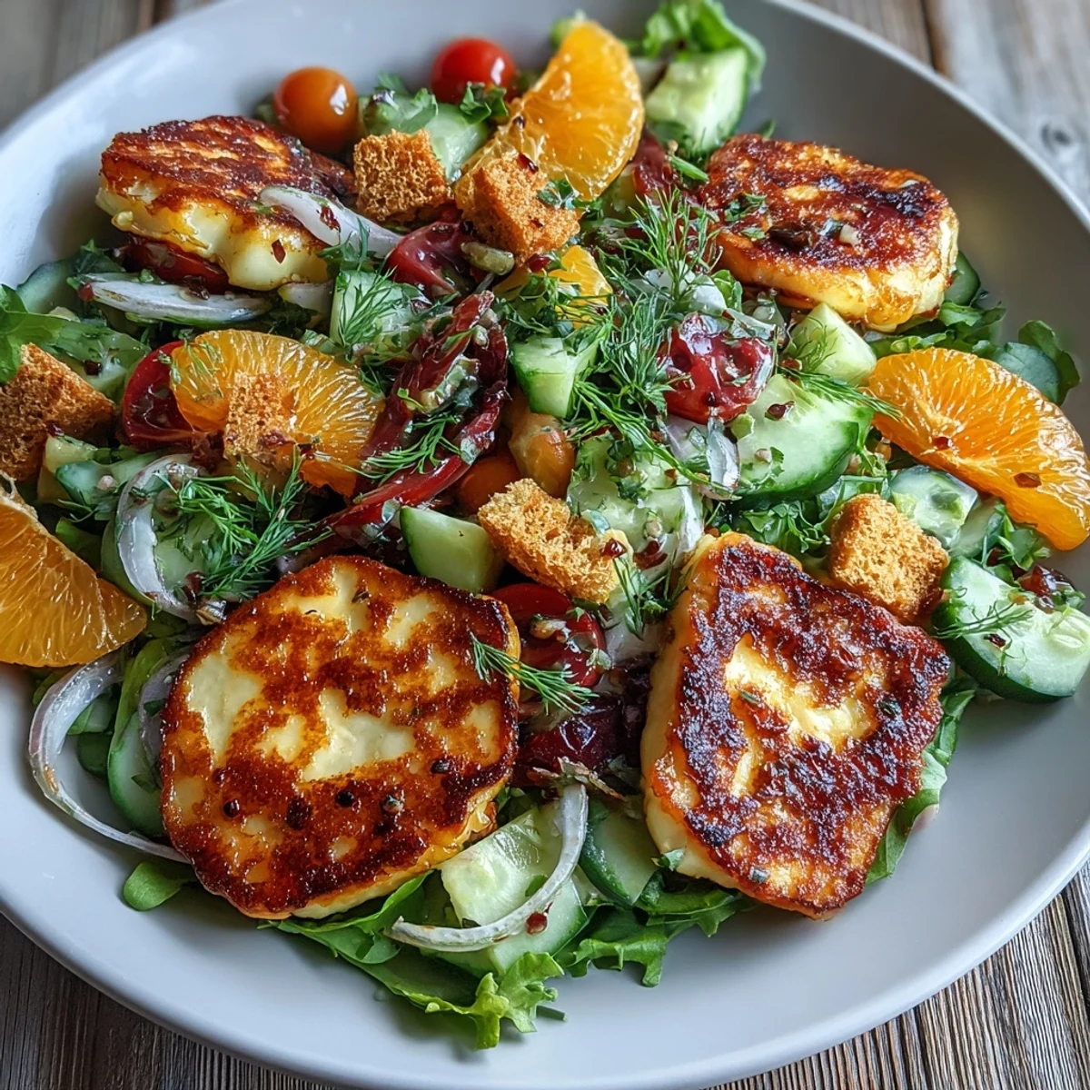 A close-up of Halloumi Blood Orange Fattoush reveals crunchy sourdough croutons and a zesty sumac dressing drizzled over the bowl.  