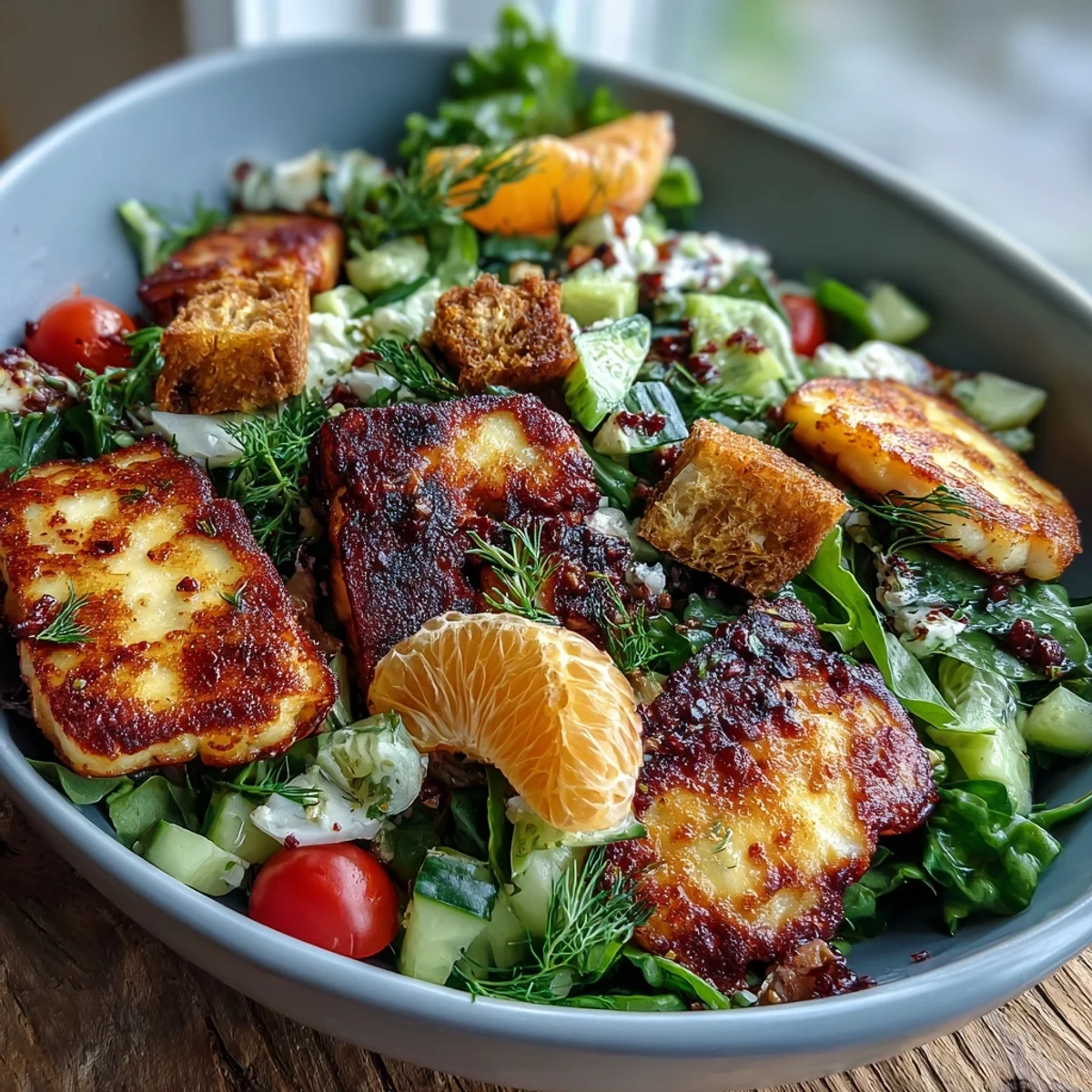 Tossing warm Halloumi Blood Orange Fattoush with sliced radishes, cucumber, and pomegranate molasses dressing creates a refreshing vegetarian meal.