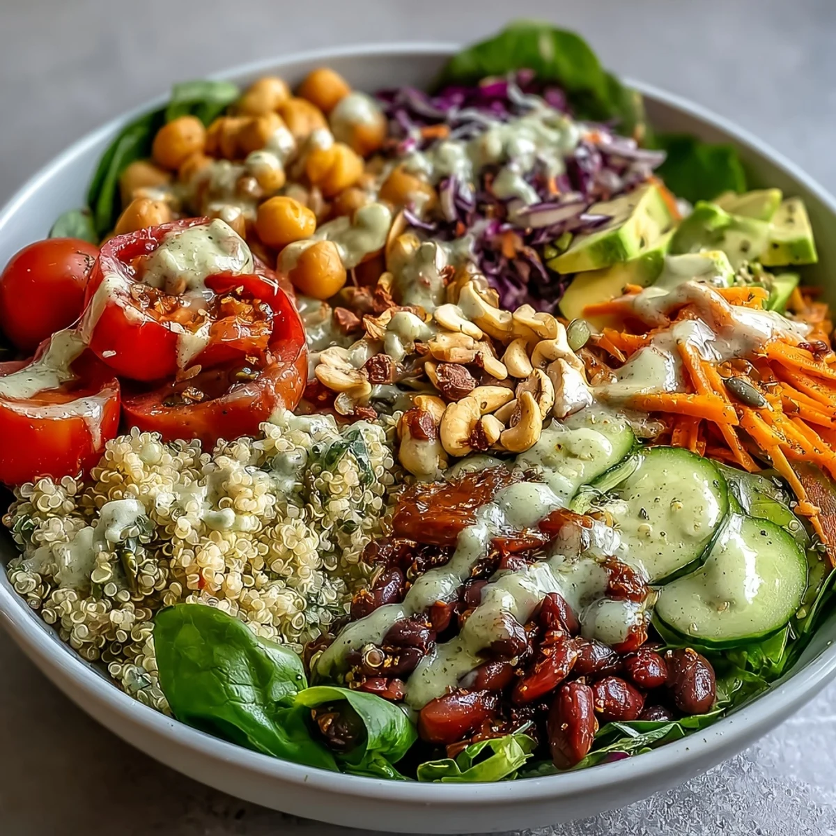 Freshly tossed Rainbow Salad Bowl with colorful beans, seeds, and zesty lemon dressing for a healthy lunch.  
