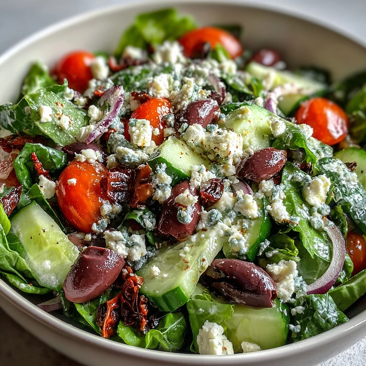 Colorful Mediterranean Green Salad Bowl featuring crunchy cucumbers, briny Kalamata olives, and tangy feta on greens.