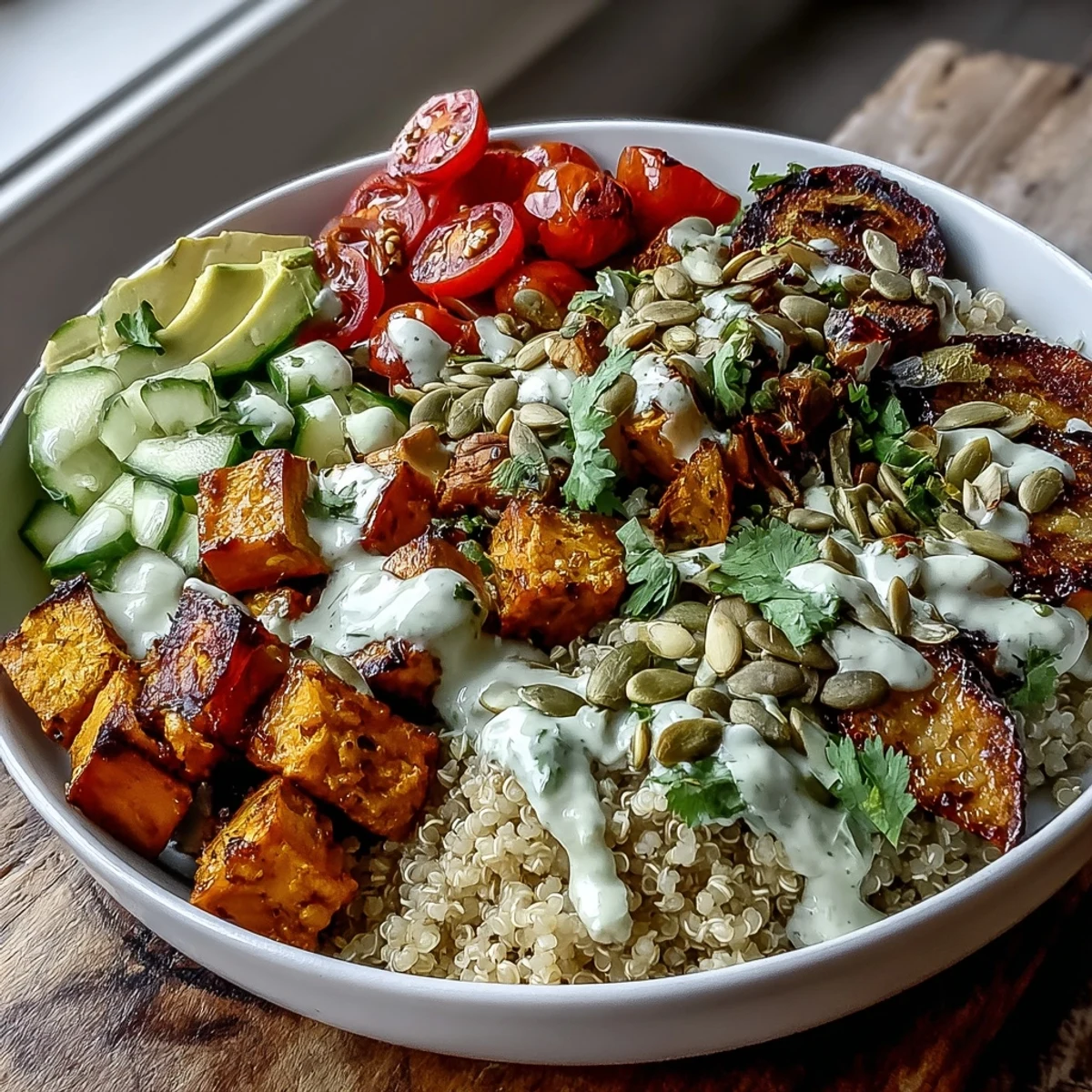 Hearty customizable grain bowl with quinoa, baked tofu, steamed broccoli, chickpeas, and crunchy pumpkin seeds.