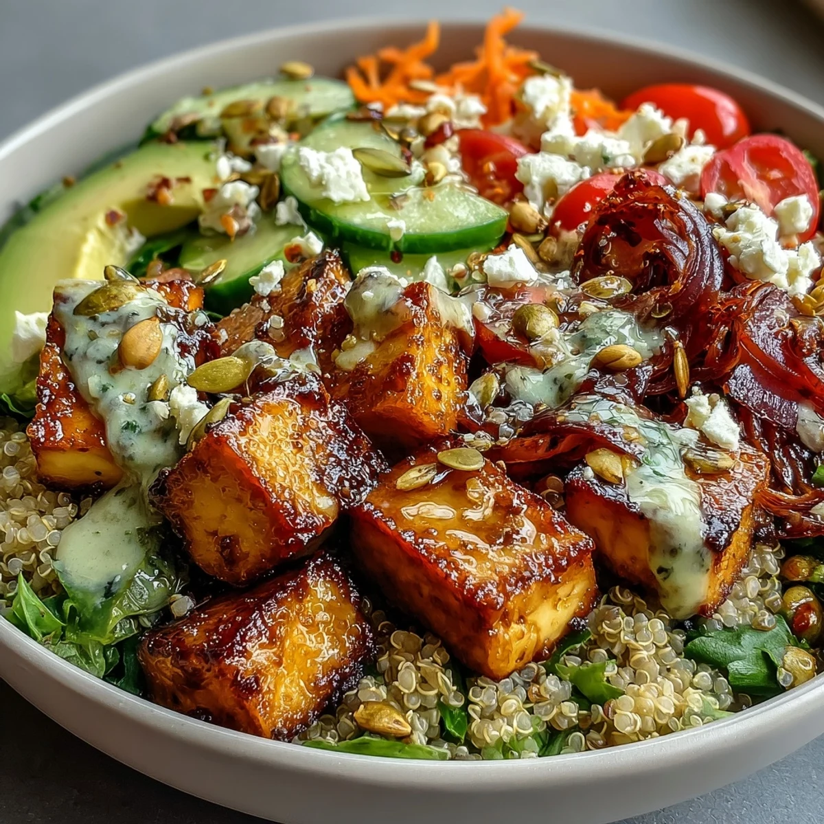 A vibrant Simple Grain Bowl with fluffy brown rice, chickpeas, avocado, tomatoes, and herbs, drizzled with lemon dressing.