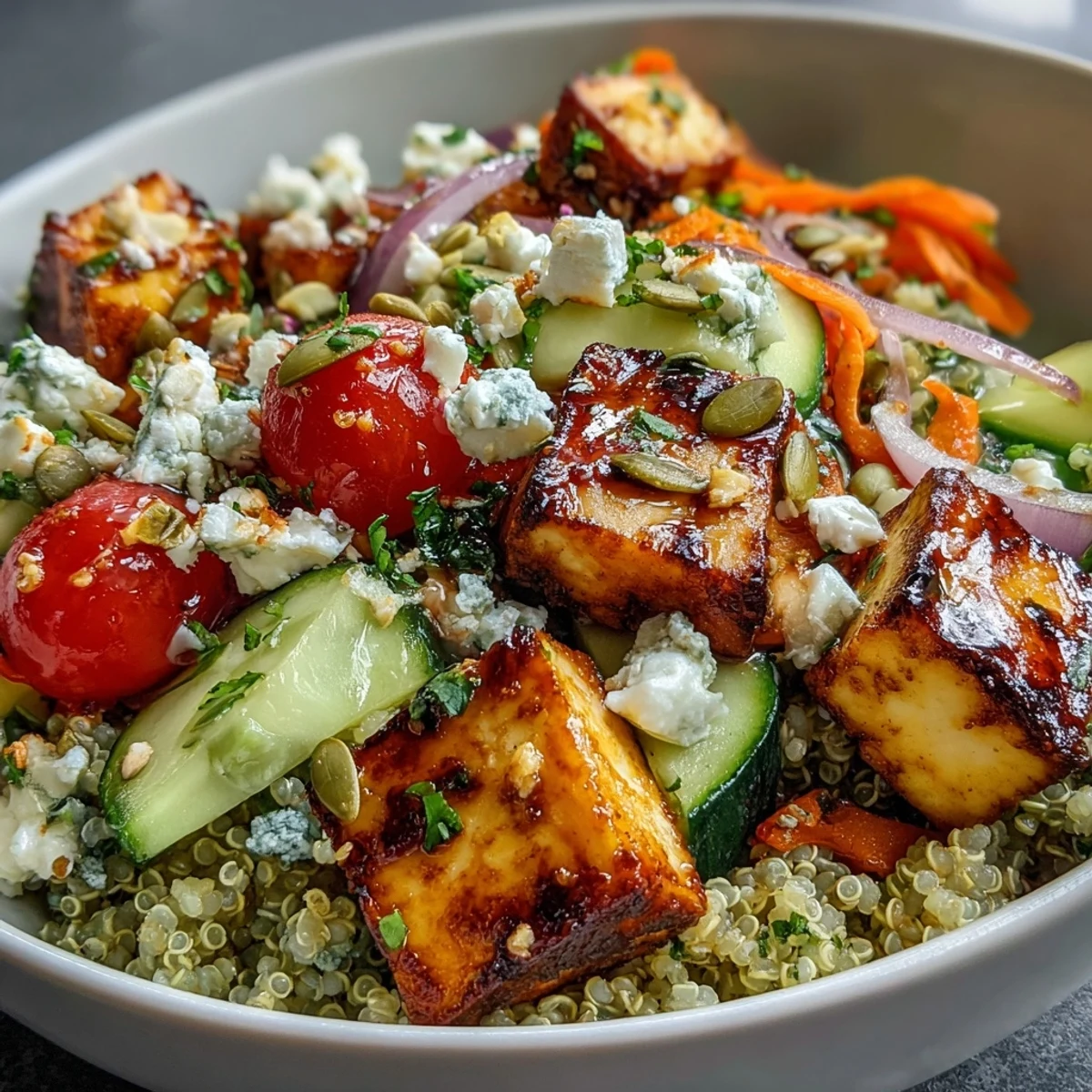 This customizable, nourishing Simple Grain Bowl is topped with fresh veggies, pumpkin seeds, and creamy avocado slices.