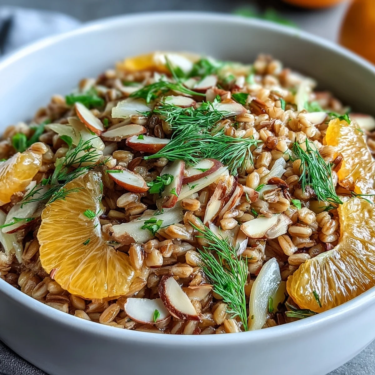 A vibrant bowl of Farro Salad with Fennel, Oranges & Almonds, showcasing colorful segments and toasted nuts on fresh greens.