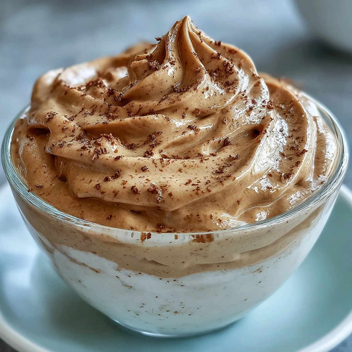 Creamy Hojicha Mousse topped with cocoa nibs, ready to serve after chilling for two hours.