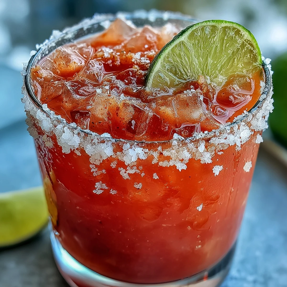 Freshly shaken Guava Margarita served over ice in a salt-rimmed glass, garnished with a bright lime wedge and tropical guava slice.