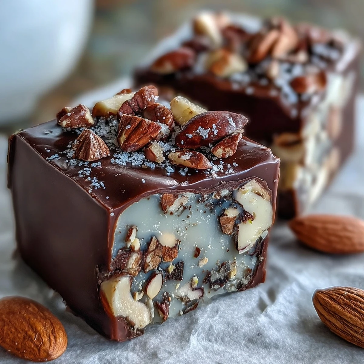 Golden-brown Hojicha Nougat squares studded with almonds and pistachios on a rustic wooden board.