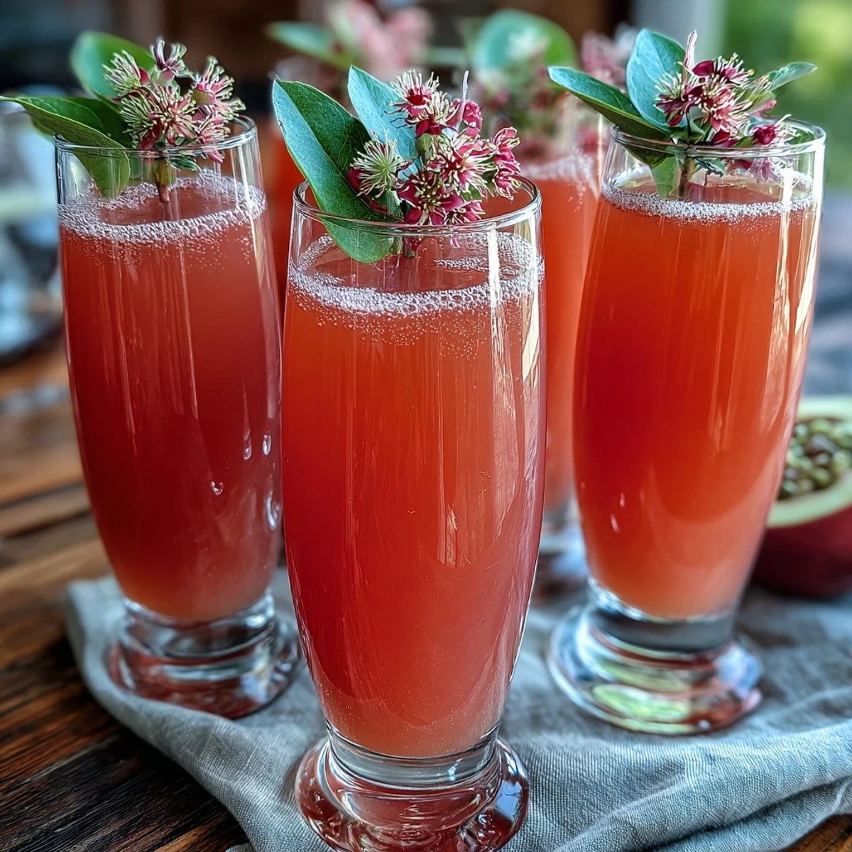 Close-up of Elderflower Guava Mimosa showing vibrant pink hue and fresh guava slice garnish at a sunny table.