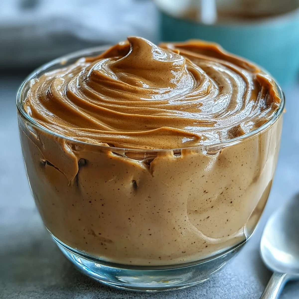 Silky hojicha pastry cream in a glass bowl, showcasing its smooth, beige-brown custard texture for éclairs.