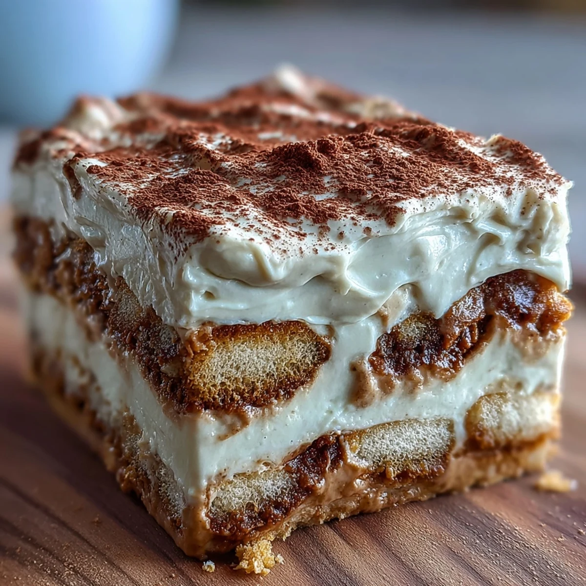 A slice of Japanese-Italian fusion tiramisu showcasing creamy mascarpone and hojicha syrup.