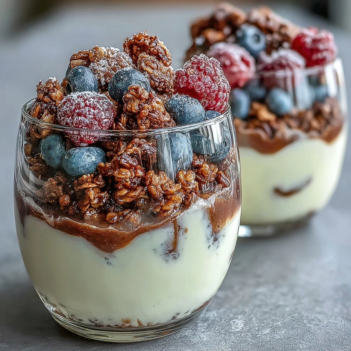 Hojicha Panna Cotta Parfait served chilled with layered berries and crunchy granola in a glass.