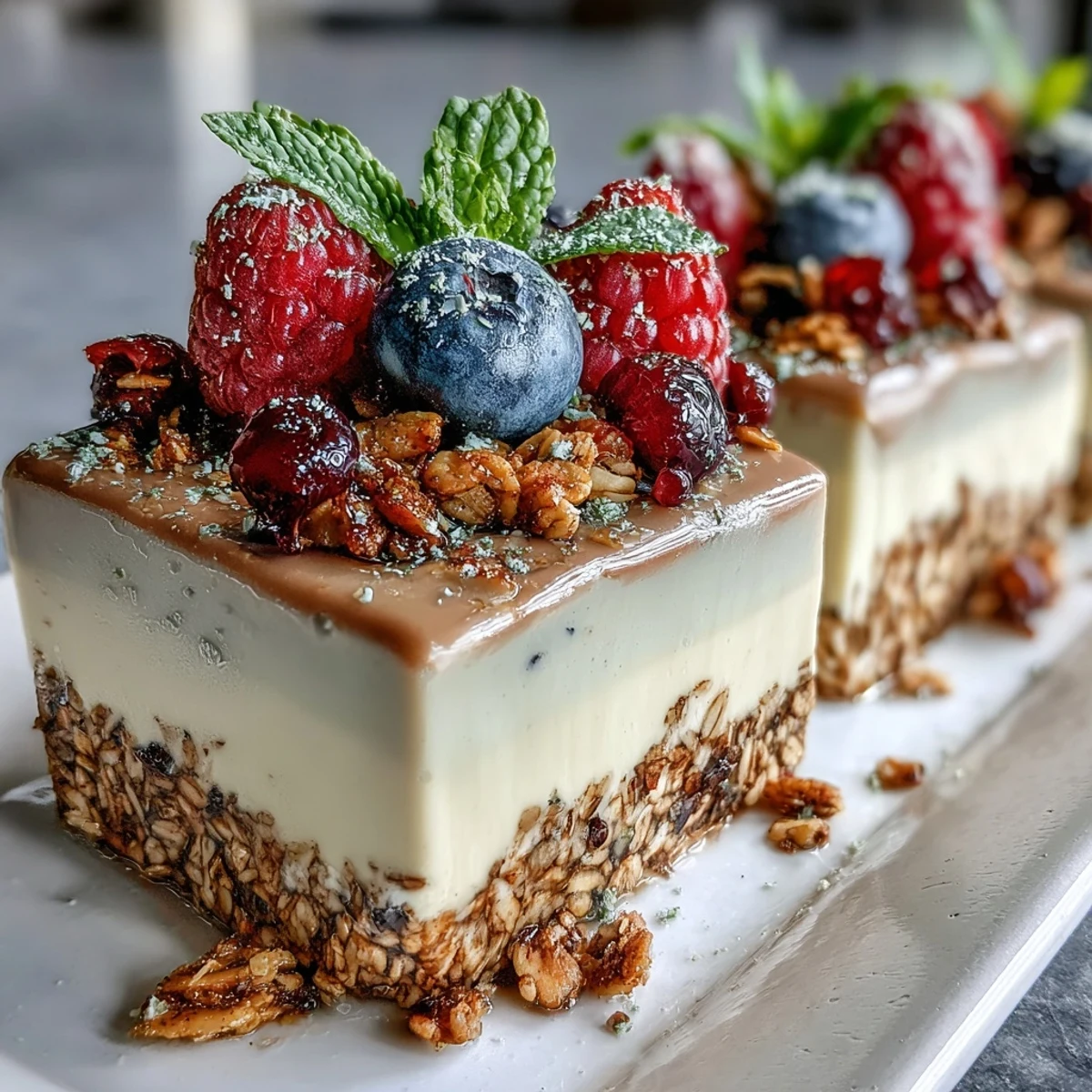Garnished Hojicha Panna Cotta Parfait with berries and granola, ready to enjoy at a brunch.