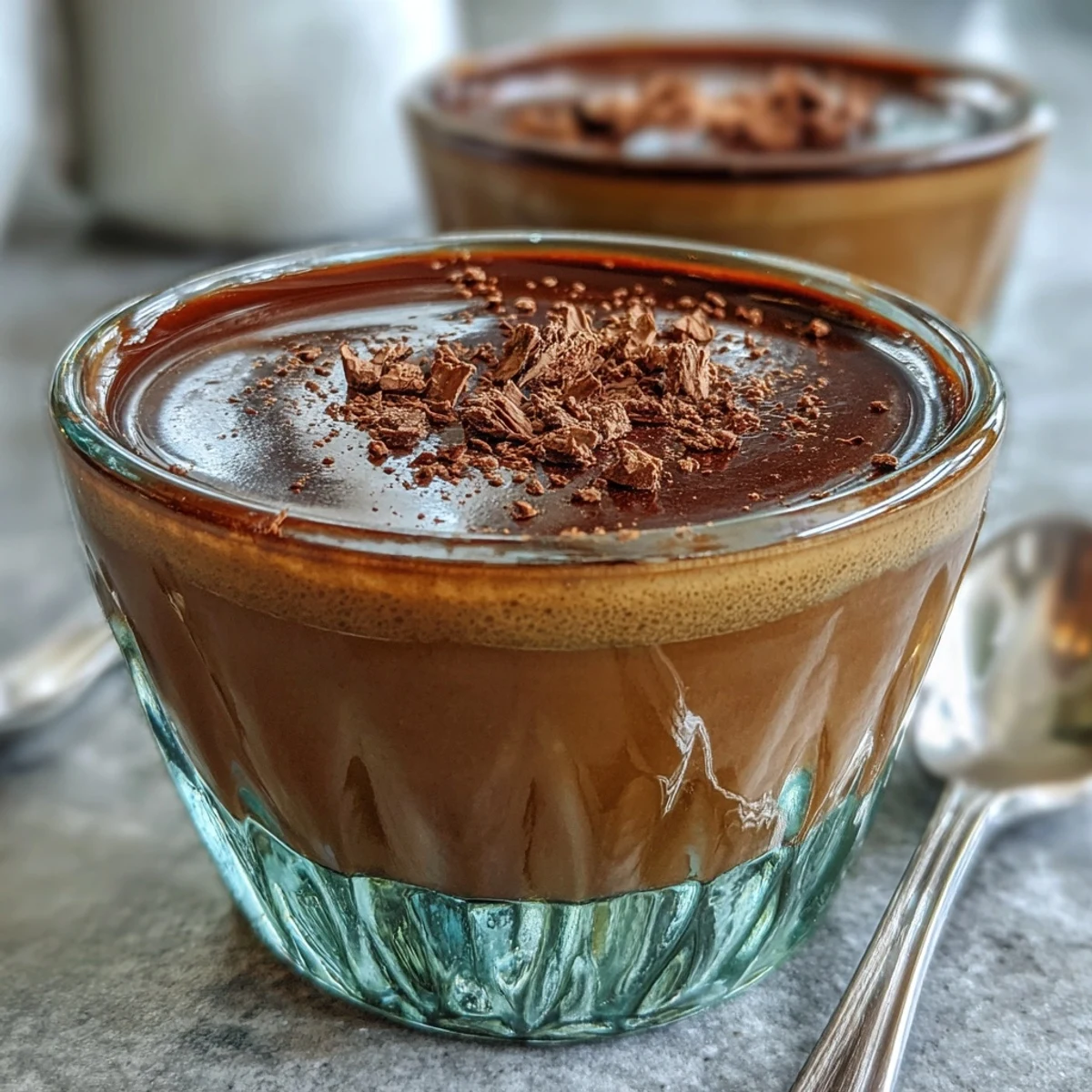 Hojicha Pudding in glass ramekins, topped with whipped cream and roasted tea leaves.