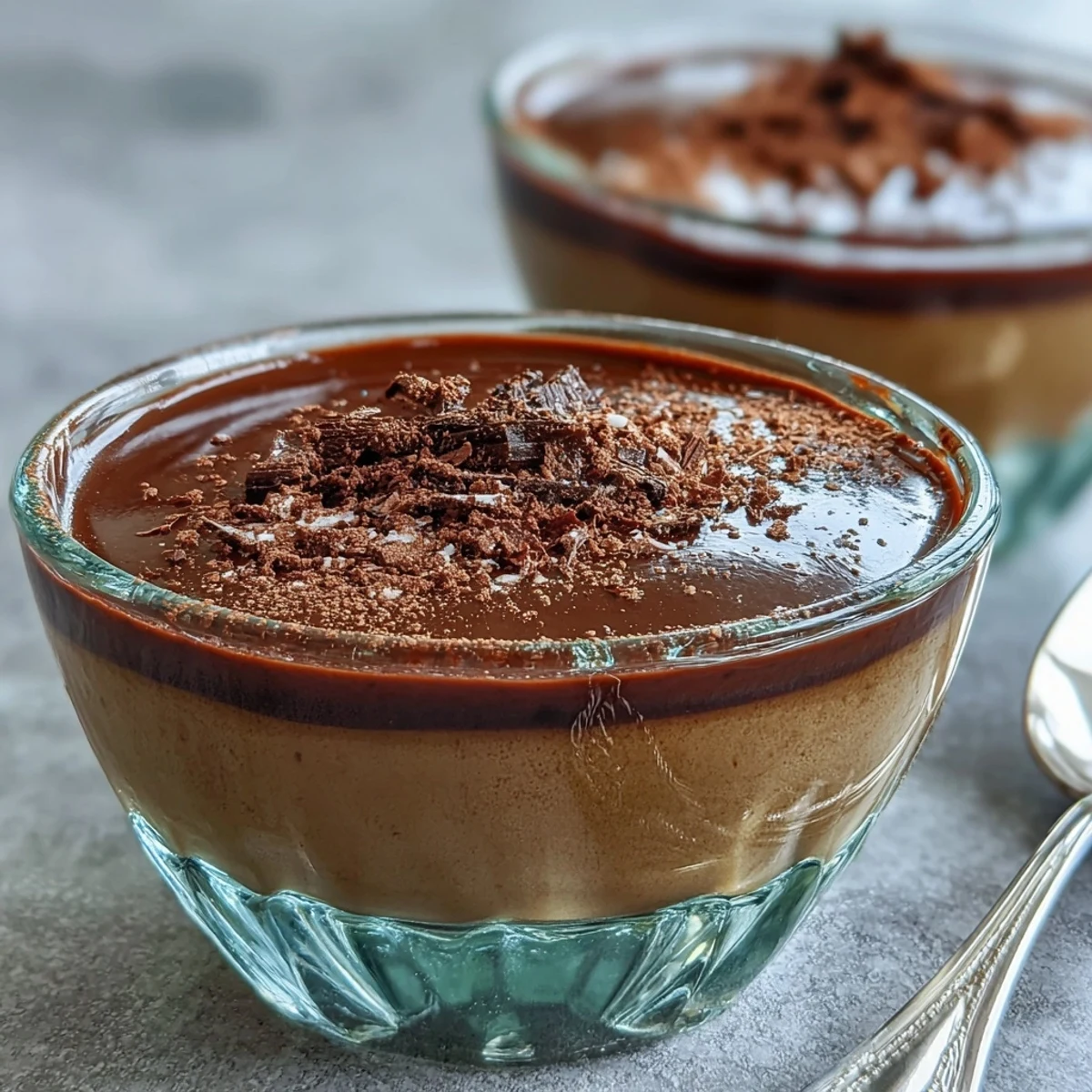 Rich, creamy Hojicha Pudding in a glass, garnished with cocoa powder and a spoon.