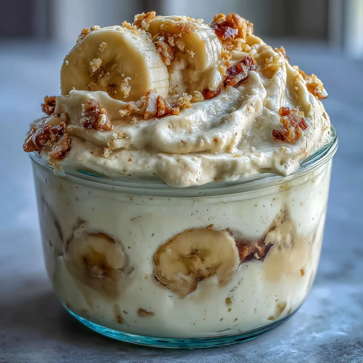 Freshly prepared Protein Banana Pudding in a glass jar, featuring creamy layers of custard, crushed vanilla wafers, and ripe banana slices.
