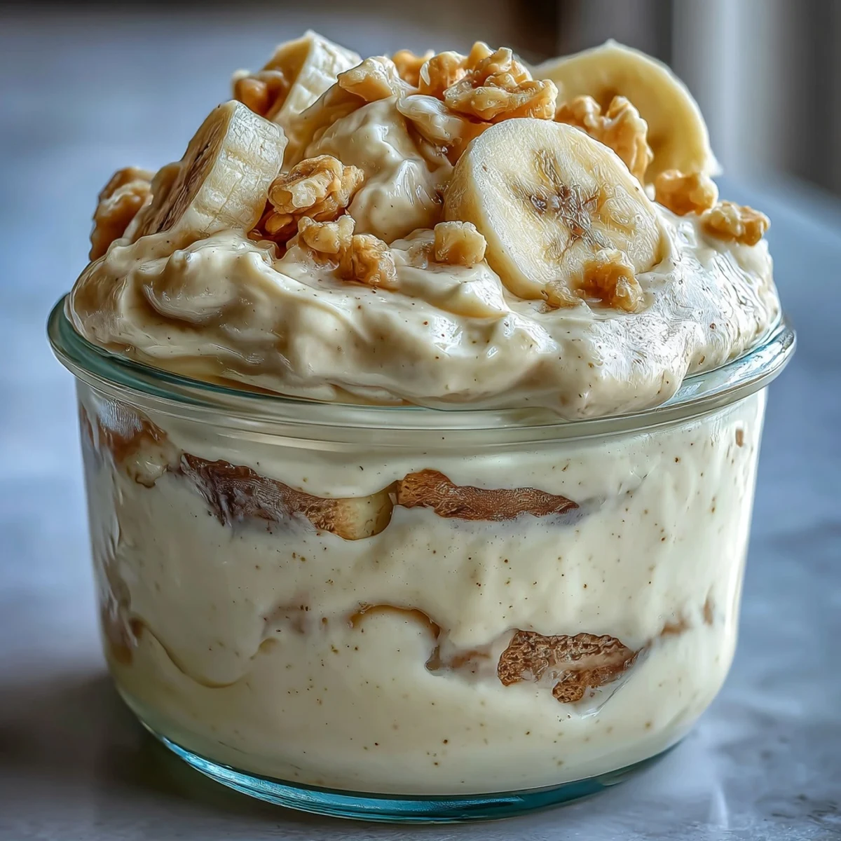A single serving of Protein Banana Pudding topped with a fresh banana slice, perfect for a healthy high-protein dessert or snack.