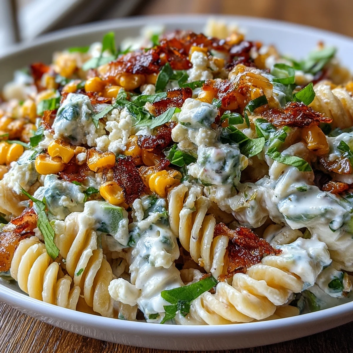 This vegetarian Creamy Street Corn Pasta Salad is topped with avocado, spicy cheddar, and a drizzle of lime mayo.