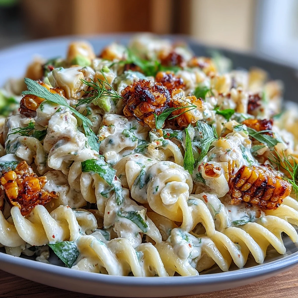 Close-up of Creamy Street Corn Pasta Salad with chili butter drizzle, served on a plate with romaine and cotija.