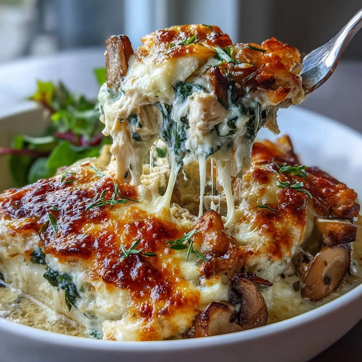 Golden-brown bubbly cheese tops the Chicken Spinach & Mushroom Low Carb Oven Dish, served hot from the oven.
