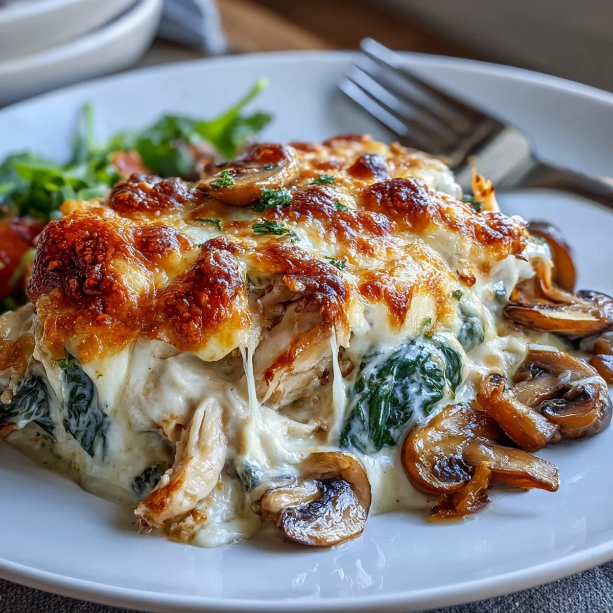 Tender chicken breast, sautéed mushrooms, and wilted spinach make up the creamy filling of this low-carb casserole.