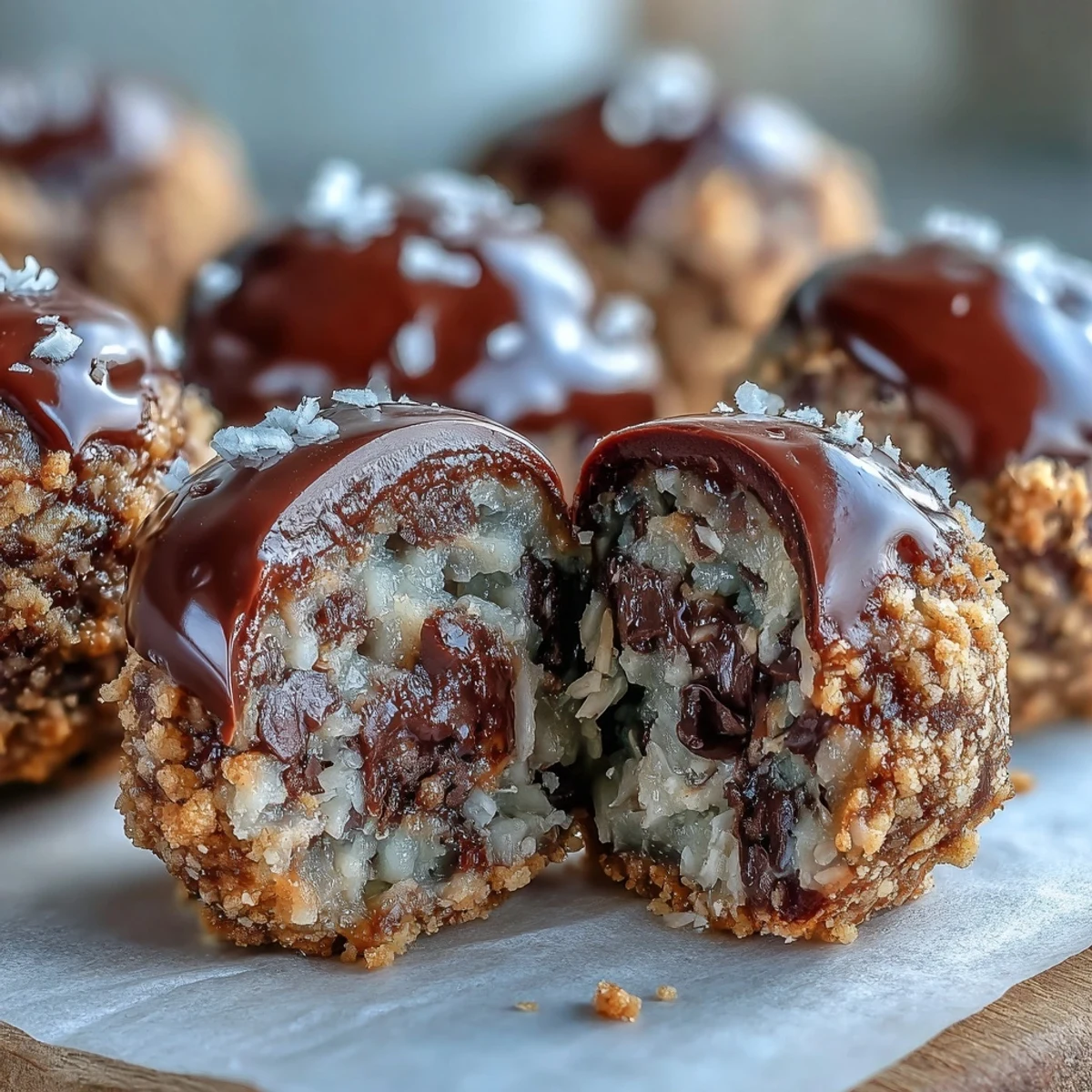 Chilled Moose Bites coated in graham cracker crumbs sit on parchment, with melted chocolate chips and shredded coconut peeking through for a sweet, no-bake bite.