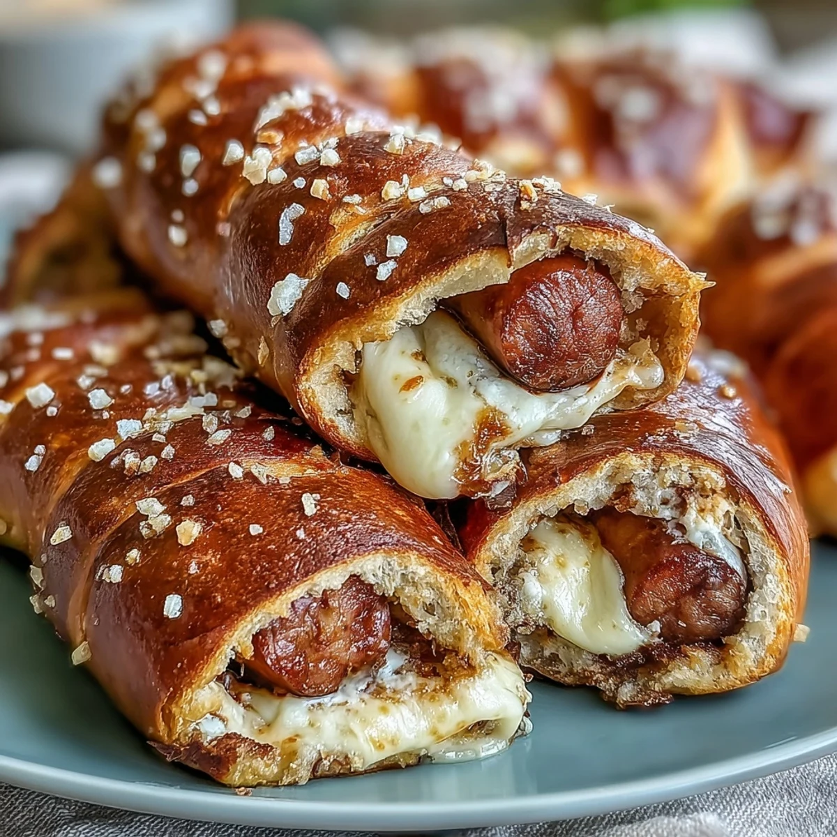 A close-up view of Soft Baked Cheesy Pretzel Dogs showing melty cheddar oozing from the dough, served alongside a small bowl of yellow mustard for dipping.