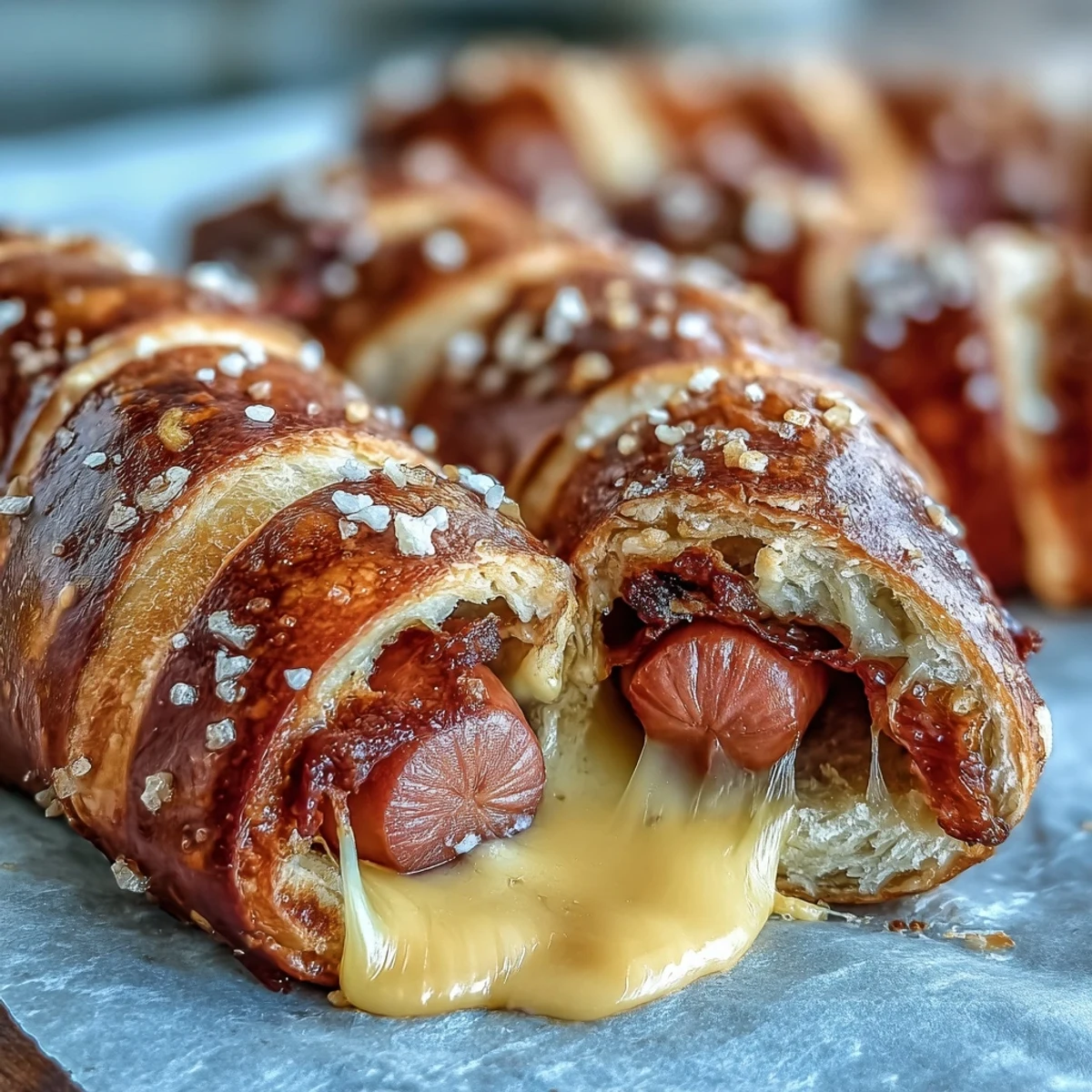 Freshly baked Soft Baked Cheesy Pretzel Dogs resting on a cooling rack, featuring golden-brown, salted pretzel dough wrapped around hot dogs and gooey cheddar cheese.