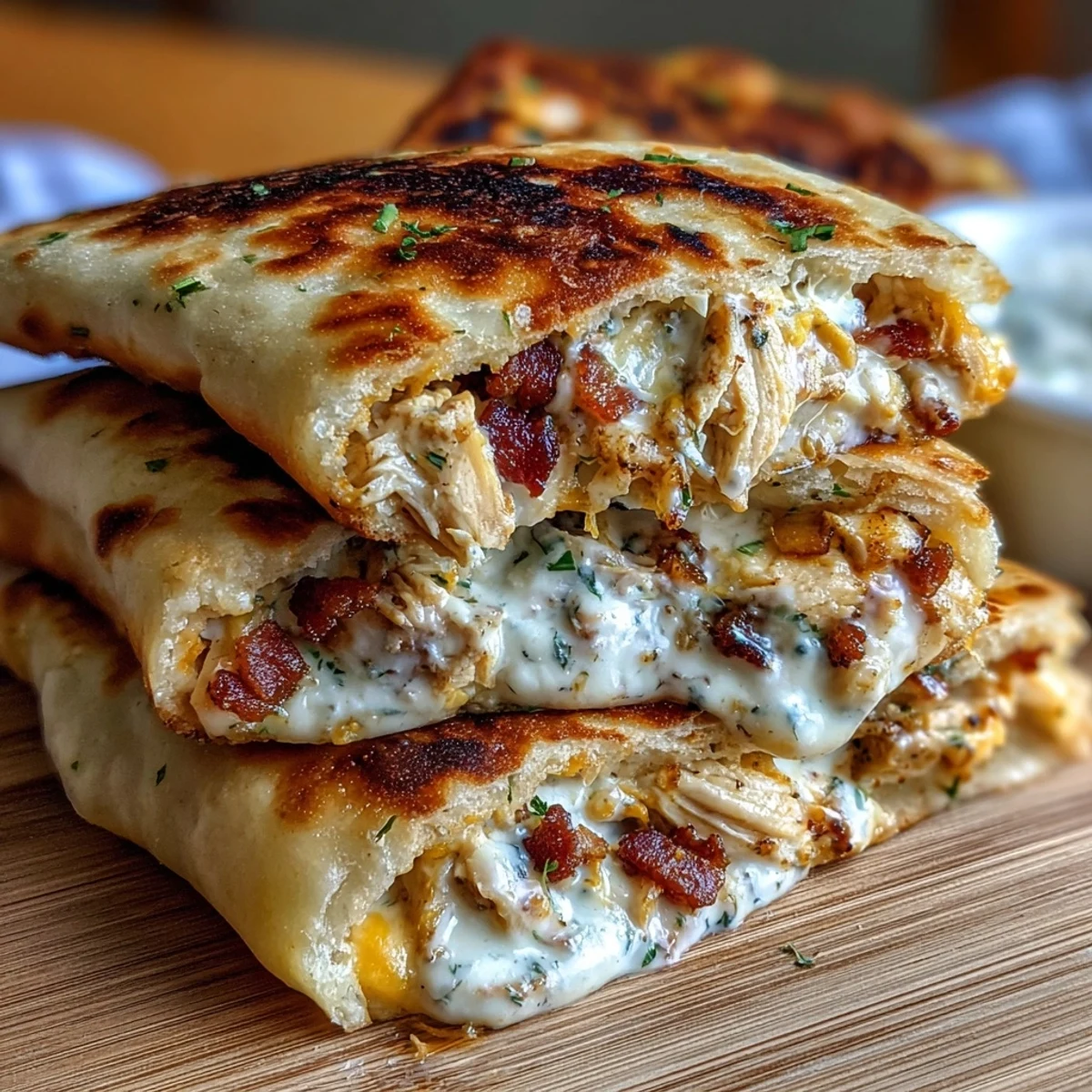 Freshly grilled Ranch Crack Chicken Stuffed Naan served warm with a side of cool ranch dip.
