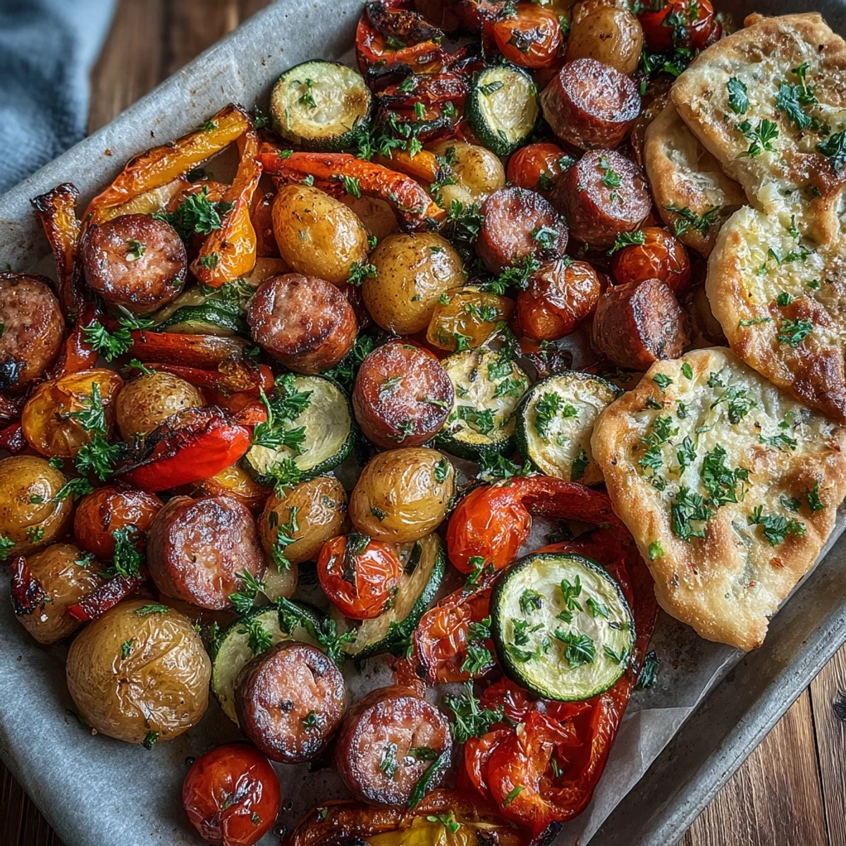 Smoky Sheet Pan Sausage & Veggies with Naan plated for dinner, vibrant roasted veggies and sausage alongside soft garlic naan brushed with butter.