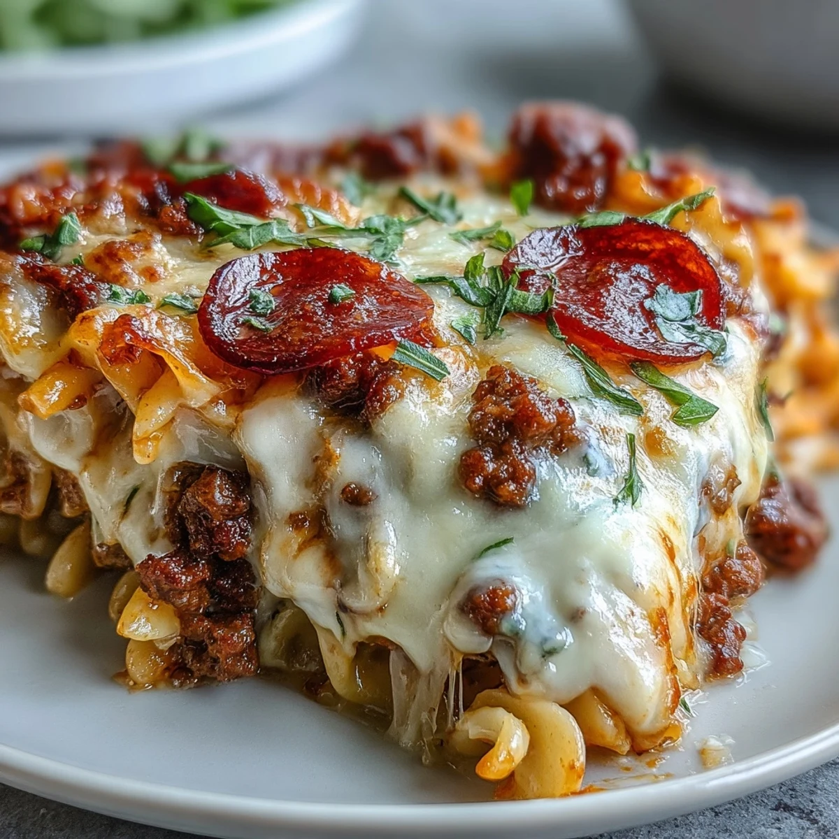 Golden, bubbling High-Protein Pizza Pasta Bake fresh from the oven, topped with crispy pepperoni slices.