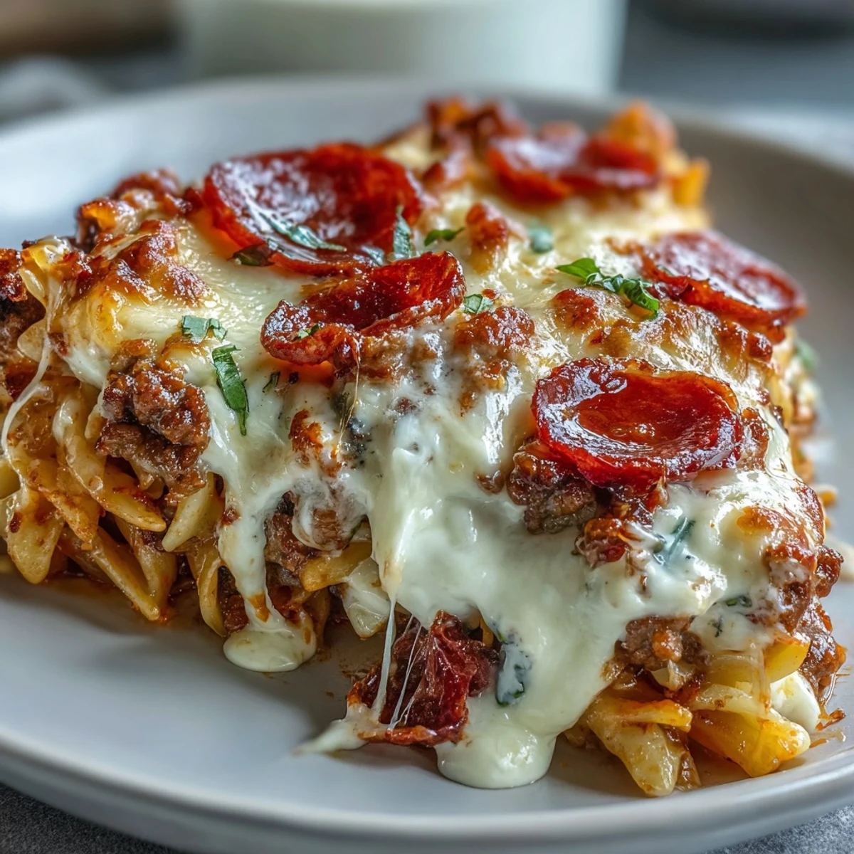 Cheesy High-Protein Pizza Pasta Bake served in a white dish, ready for a hearty family dinner.