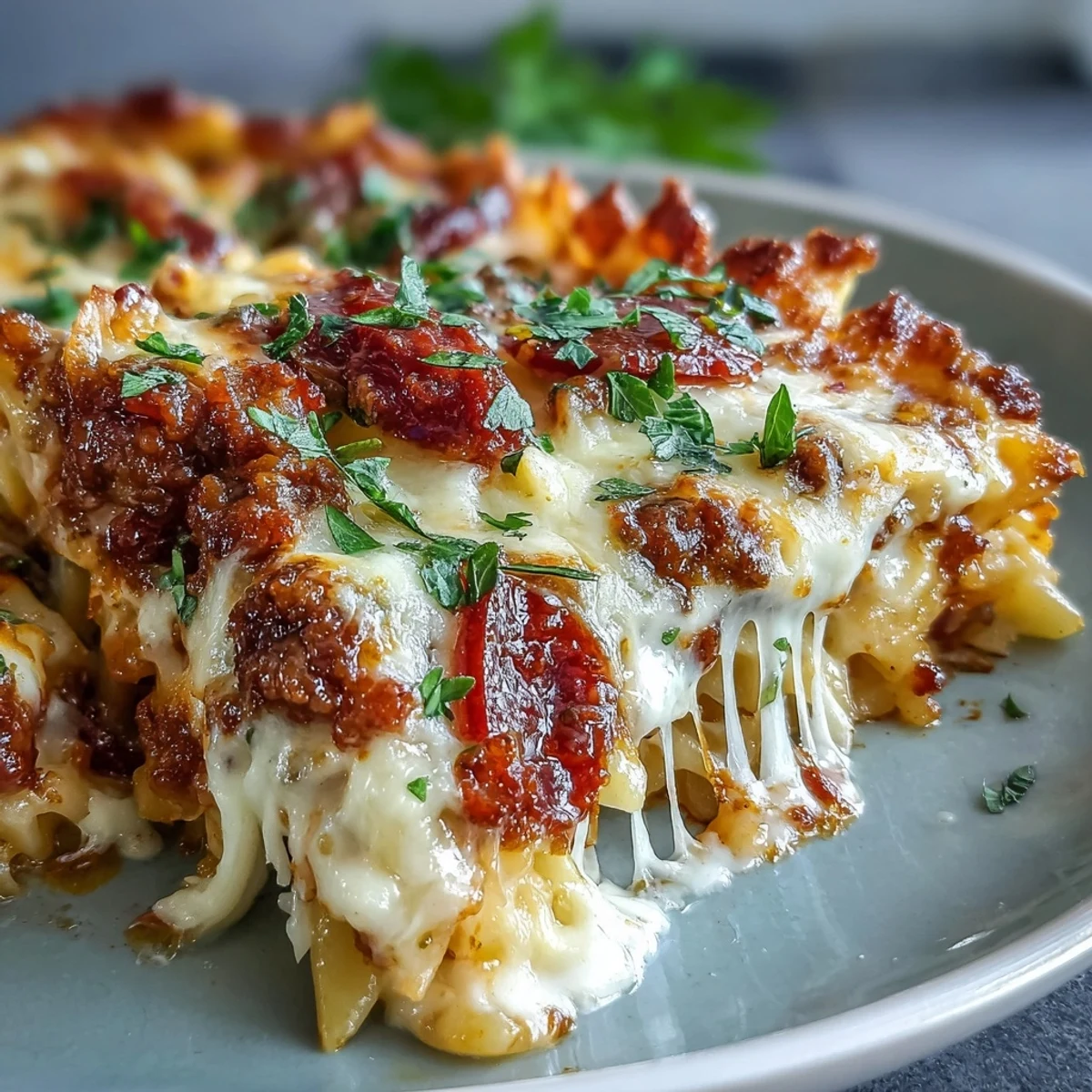 Close-up of creamy High-Protein Pizza Pasta Bake showing penne pasta, lean beef, and melted mozzarella.