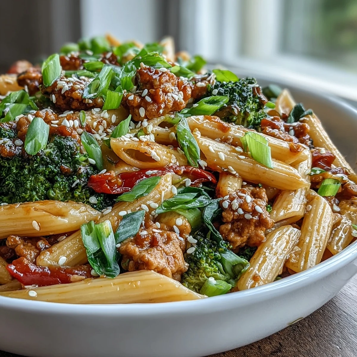 Fork-tender penne and lean ground turkey coated in a glossy sweet and spicy sauce.