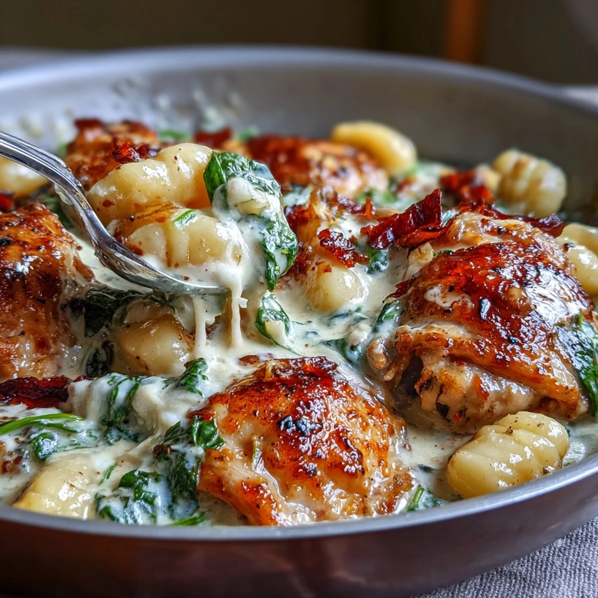 Golden-brown seared chicken thighs and pillowy gnocchi simmer in a creamy garlic Parmesan sauce with wilted spinach in a skillet.