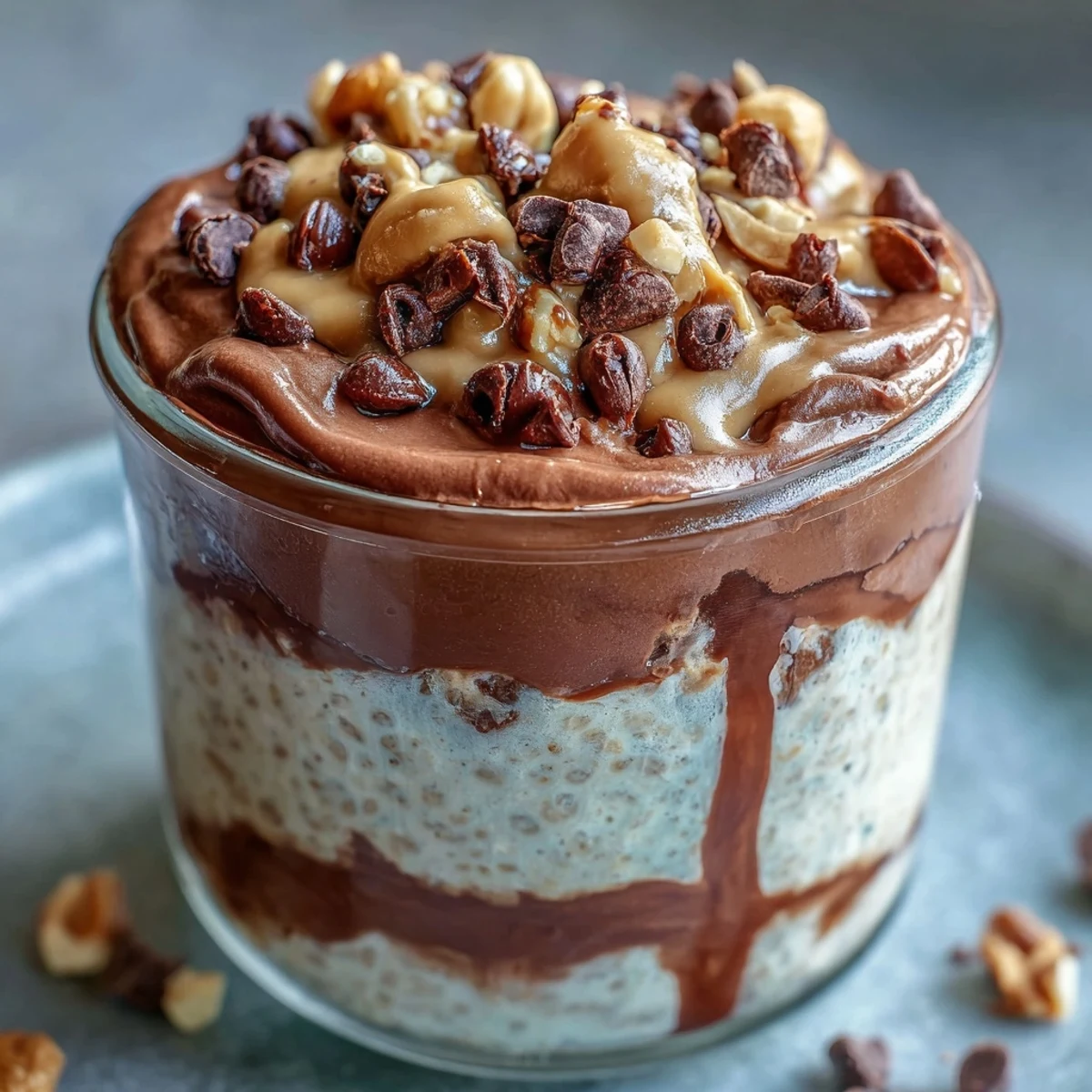 Peanut Butter Cup Overnight Oats served chilled in a mason jar, drizzled with extra peanut butter and garnished with fresh banana slices for breakfast.