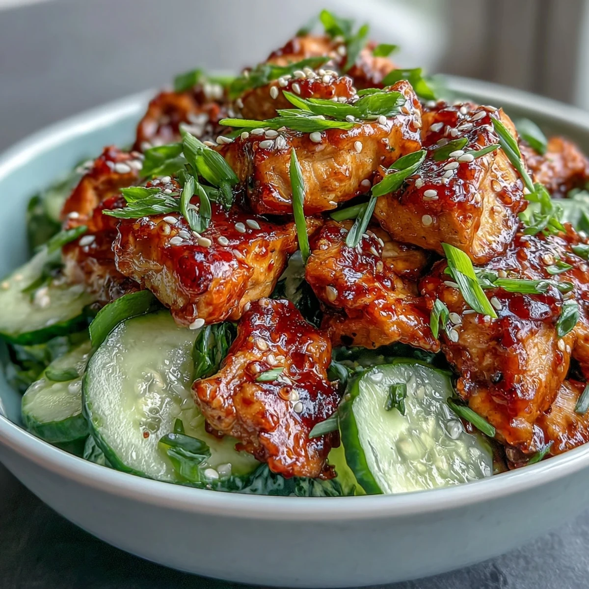 TikTok Chili-Crisp Cucumber Chicken Bowls with juicy sliced chicken over creamy cucumbers and jasmine rice, drizzled with chili crisp. 